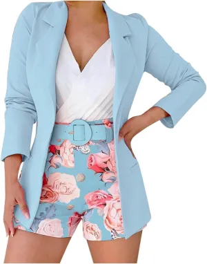 Womens 3 Piece Blazer Set Ladies Formal Office Work Business Blazer Open Front Cardigan Coat Floral Print Shorts Suits