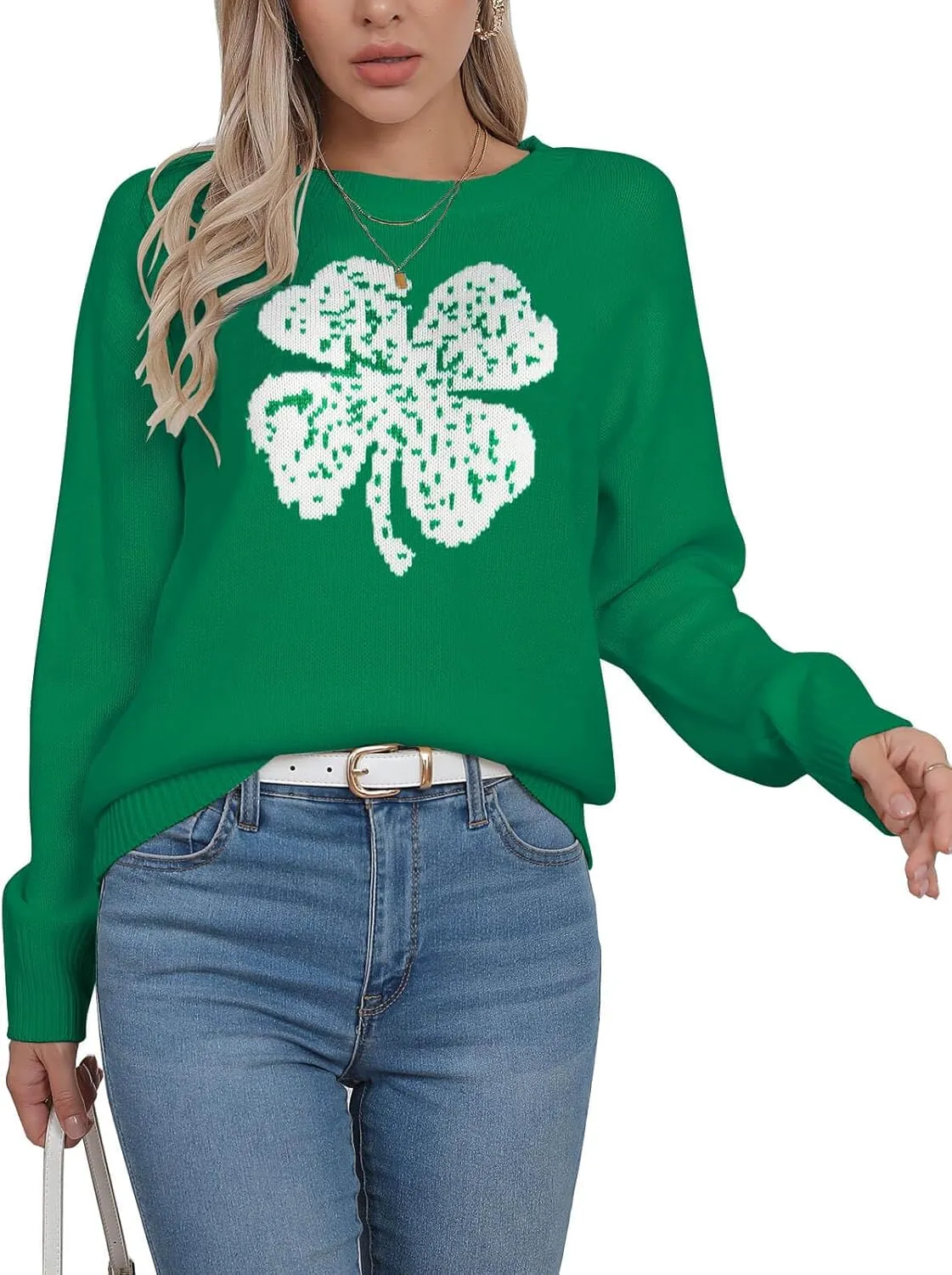 Womens American Flag Sweater Long Sleeve Crew Neck Knitted Casual Pullover Sweater