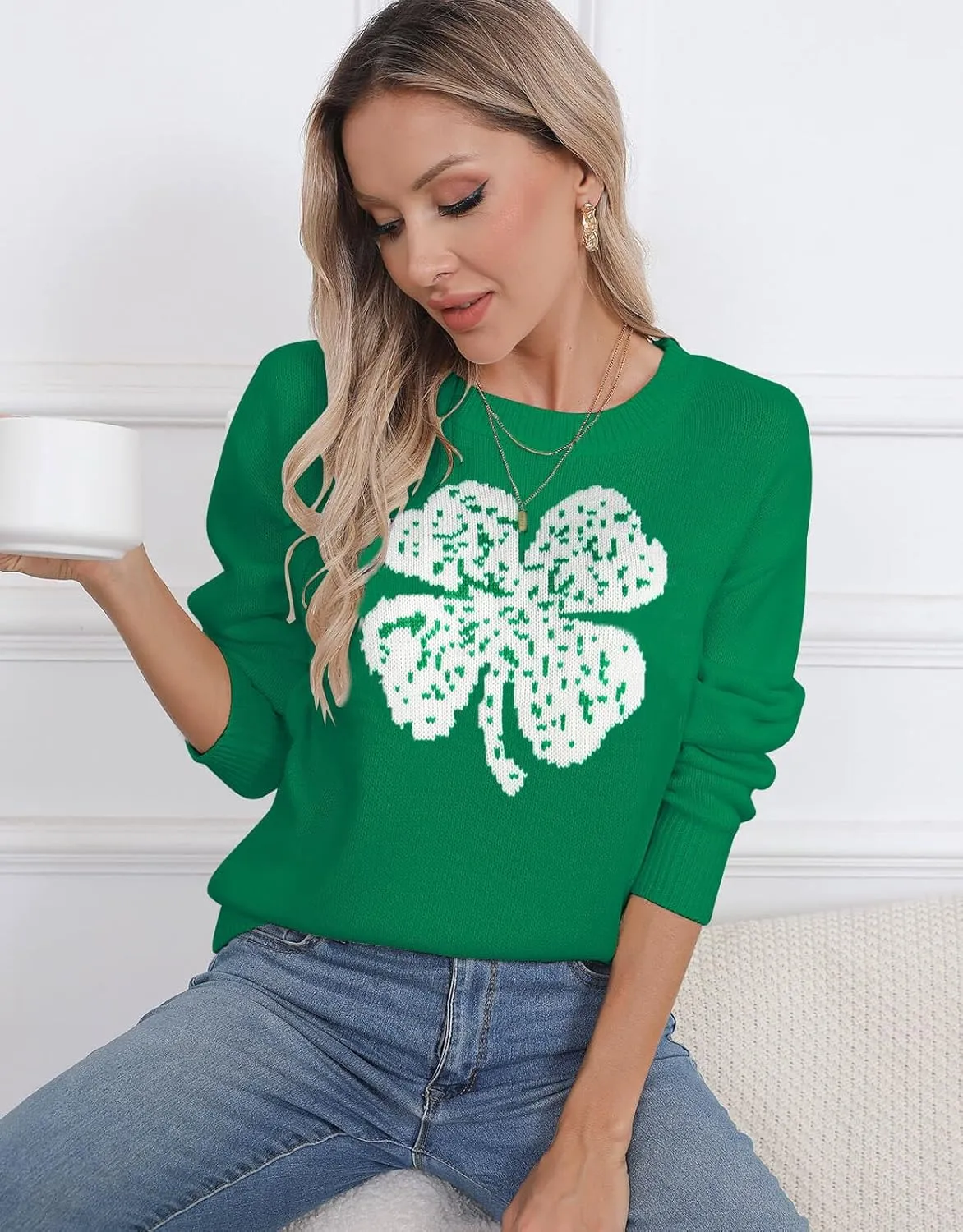 Womens American Flag Sweater Long Sleeve Crew Neck Knitted Casual Pullover Sweater