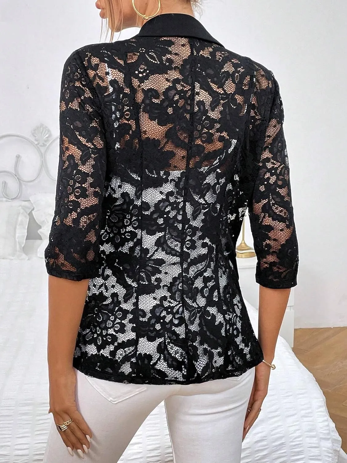 Women's Blazer Lace Mesh Crushed Cardigan Jacket 3/4 Long Sleeve Patchwork Blazer