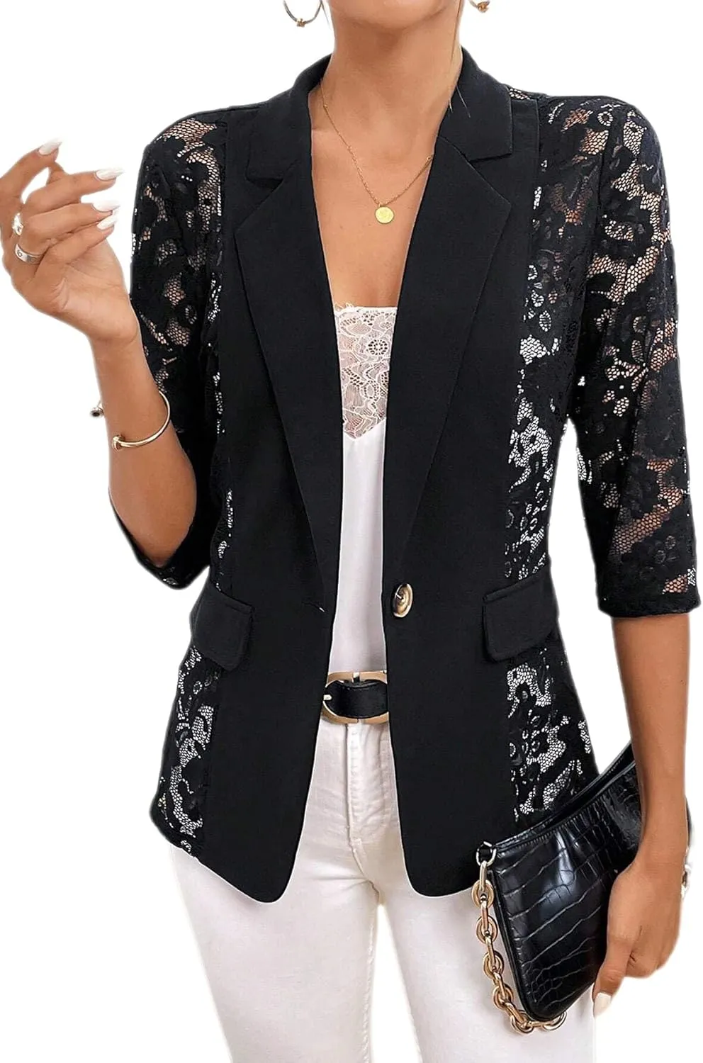 Women's Blazer Lace Mesh Crushed Cardigan Jacket 3/4 Long Sleeve Patchwork Blazer