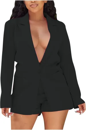Women's Blazer Shorts Suit - Long Sleeves 2-Piece Set for Smart Office Formal Business Outfit