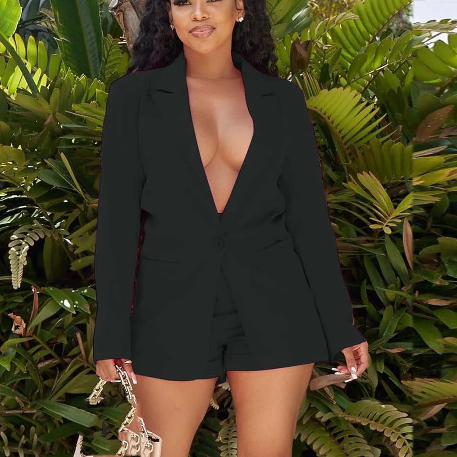Women's Blazer Shorts Suit - Long Sleeves 2-Piece Set for Smart Office Formal Business Outfit
