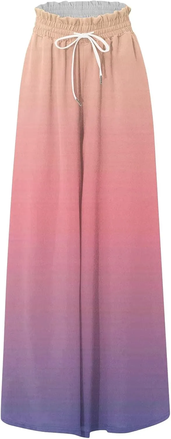 Women's Bohemian Gradient Color Elastic Casual High Waisted Wide Leg Dressy Loose Fit Pants with Pockets