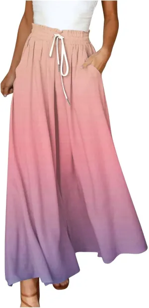 Women's Bohemian Gradient Color Elastic Casual High Waisted Wide Leg Dressy Loose Fit Pants with Pockets