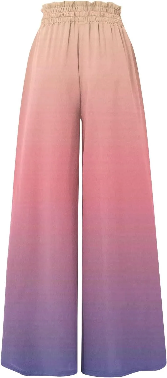 Women's Bohemian Gradient Color Elastic Casual High Waisted Wide Leg Dressy Loose Fit Pants with Pockets