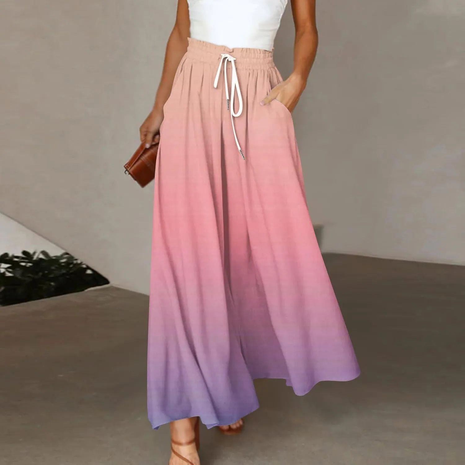 Women's Bohemian Gradient Color Elastic Casual High Waisted Wide Leg Dressy Loose Fit Pants with Pockets
