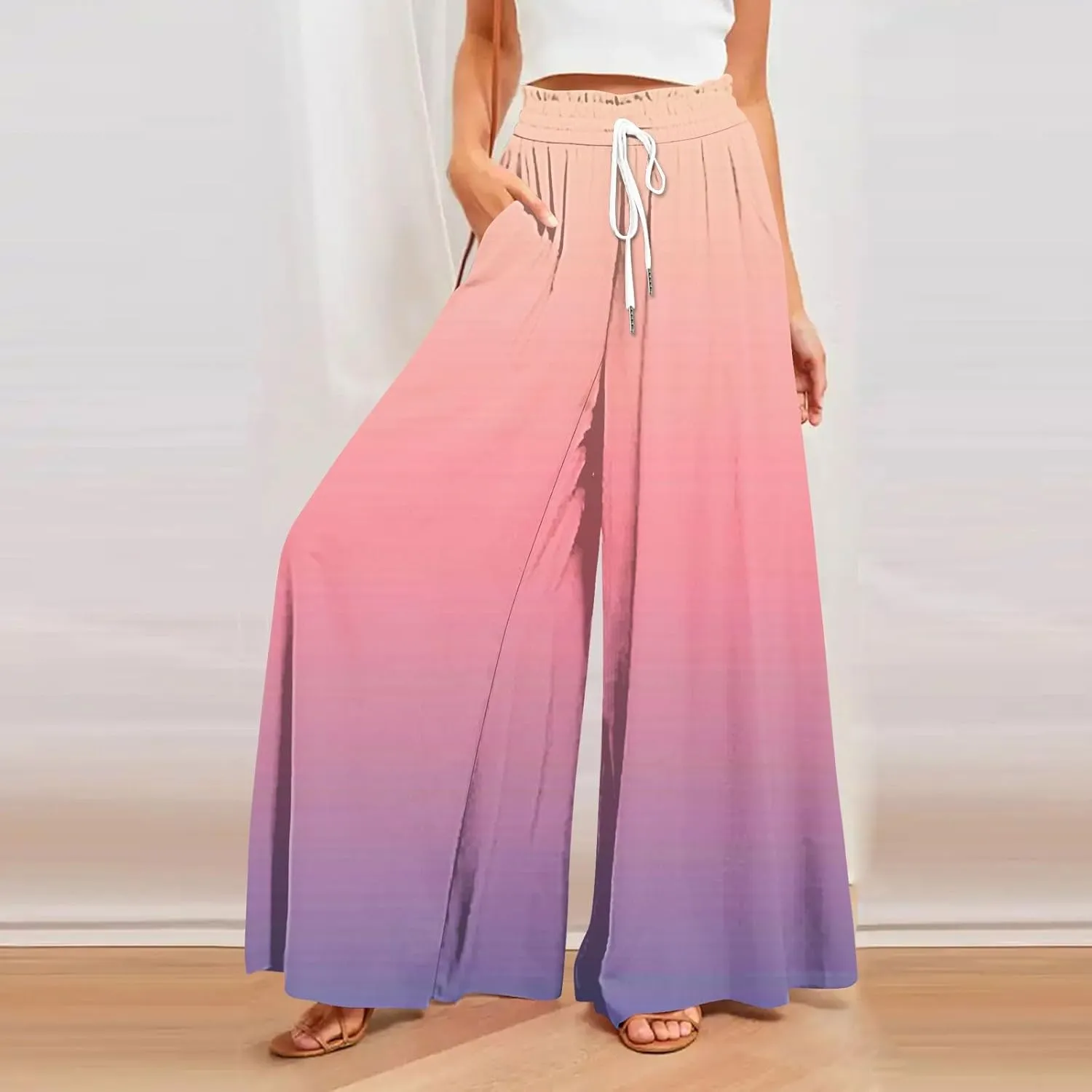 Women's Bohemian Gradient Color Elastic Casual High Waisted Wide Leg Dressy Loose Fit Pants with Pockets