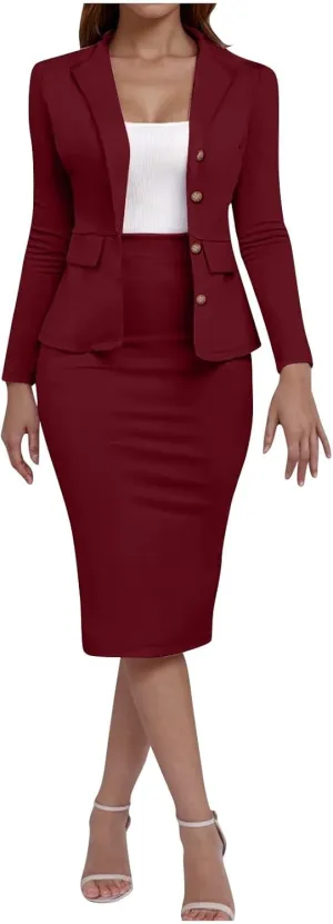 Women's Business Suit 2 Piece Long Sleeve Skirt Suit Set Lady Blazer Office Work Solid Color Slim Fit Jacket Outfits