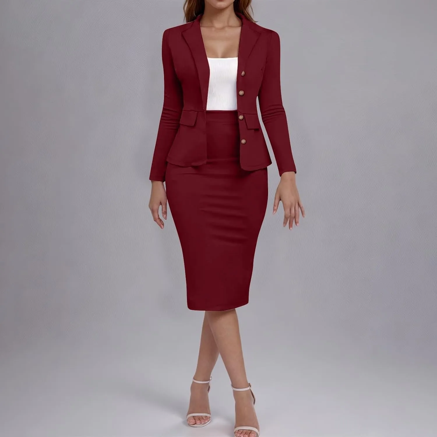 Women's Business Suit 2 Piece Long Sleeve Skirt Suit Set Lady Blazer Office Work Solid Color Slim Fit Jacket Outfits