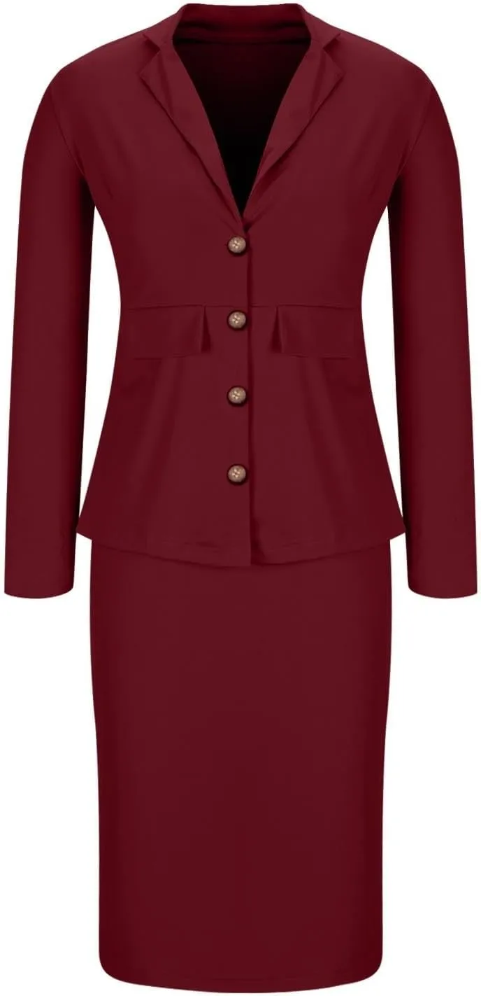 Women's Business Suit 2 Piece Long Sleeve Skirt Suit Set Lady Blazer Office Work Solid Color Slim Fit Jacket Outfits