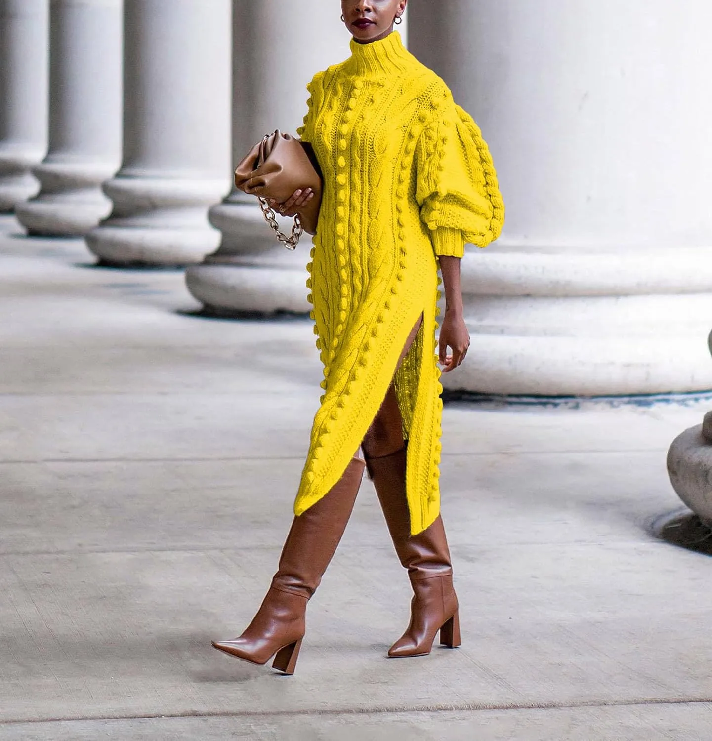 Women's Cable Knit Sweater Midi Dress Turtleneck Long Sleeve Loose Tunic Plus Size Split Sweater Dresses for Fall
