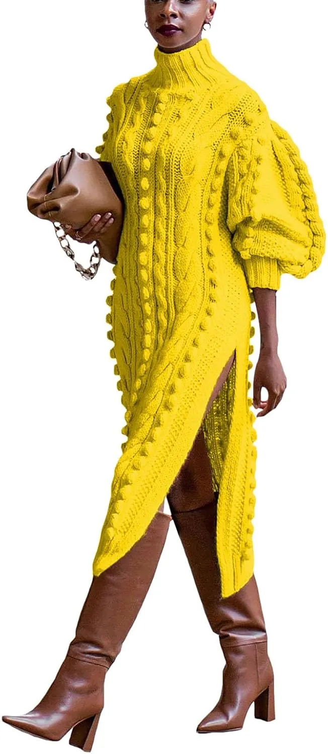 Women's Cable Knit Sweater Midi Dress Turtleneck Long Sleeve Loose Tunic Plus Size Split Sweater Dresses for Fall