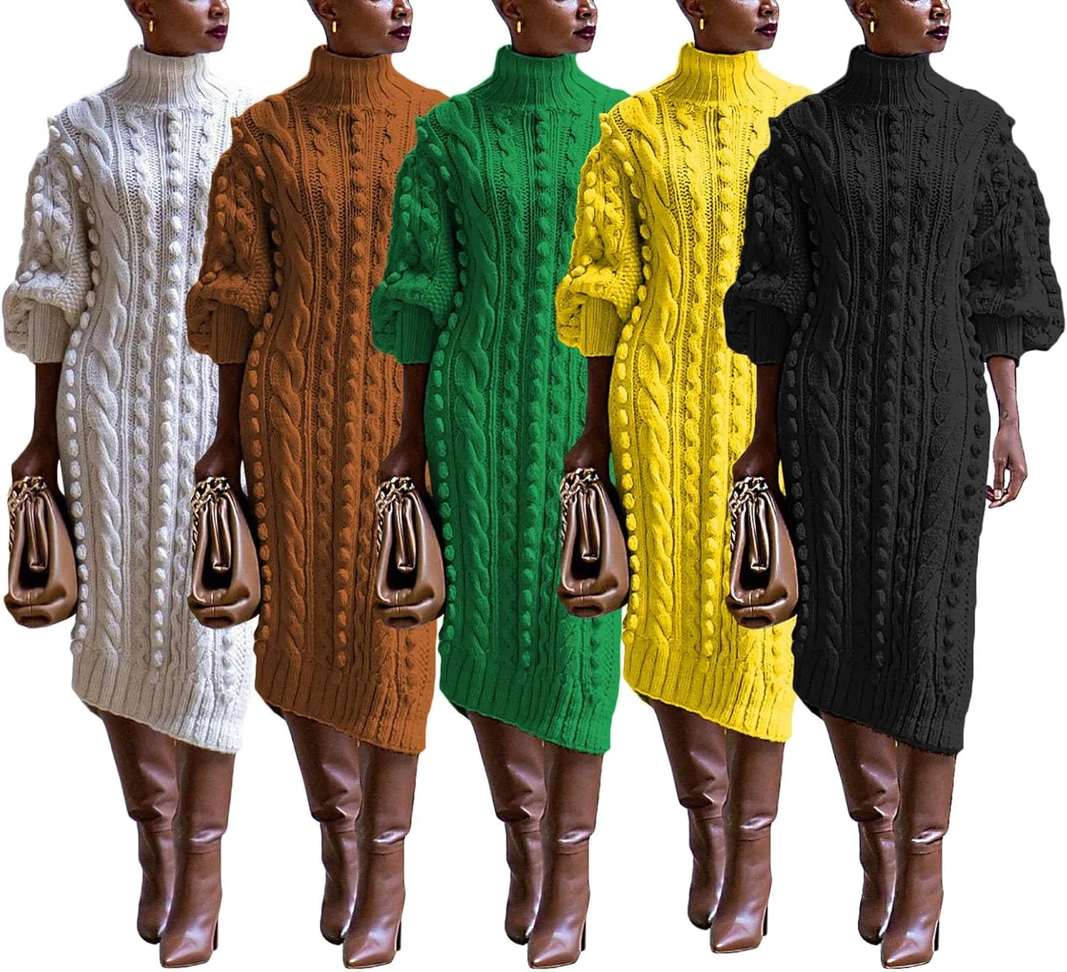 Women's Cable Knit Sweater Midi Dress Turtleneck Long Sleeve Loose Tunic Plus Size Split Sweater Dresses for Fall
