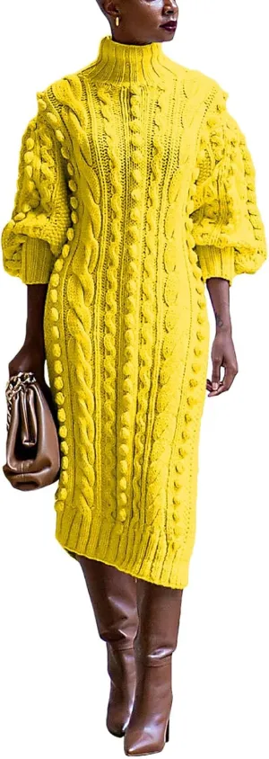 Women's Cable Knit Sweater Midi Dress Turtleneck Long Sleeve Loose Tunic Plus Size Split Sweater Dresses for Fall