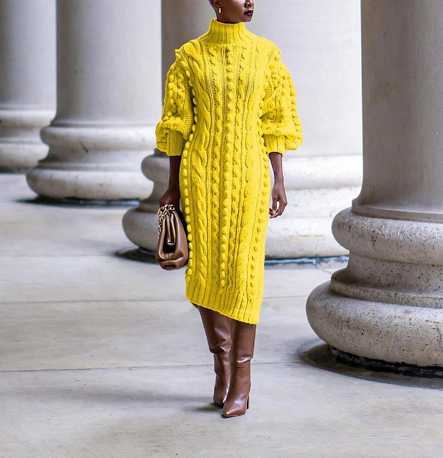 Women's Cable Knit Sweater Midi Dress Turtleneck Long Sleeve Loose Tunic Plus Size Split Sweater Dresses for Fall
