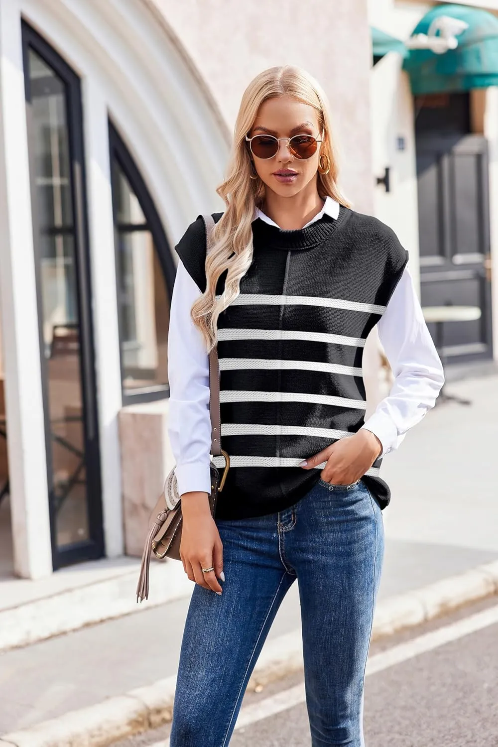 Womens Cap Sleeve Sweater Casual Sweater Vest Sleeveless Pullover Sweater Loose Fit Sweater Tops Lightweight