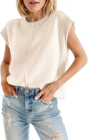 Womens Cap Sleeve Sweater Casual Sweater Vest Sleeveless Pullover Sweater Loose Fit Sweater Tops Lightweight