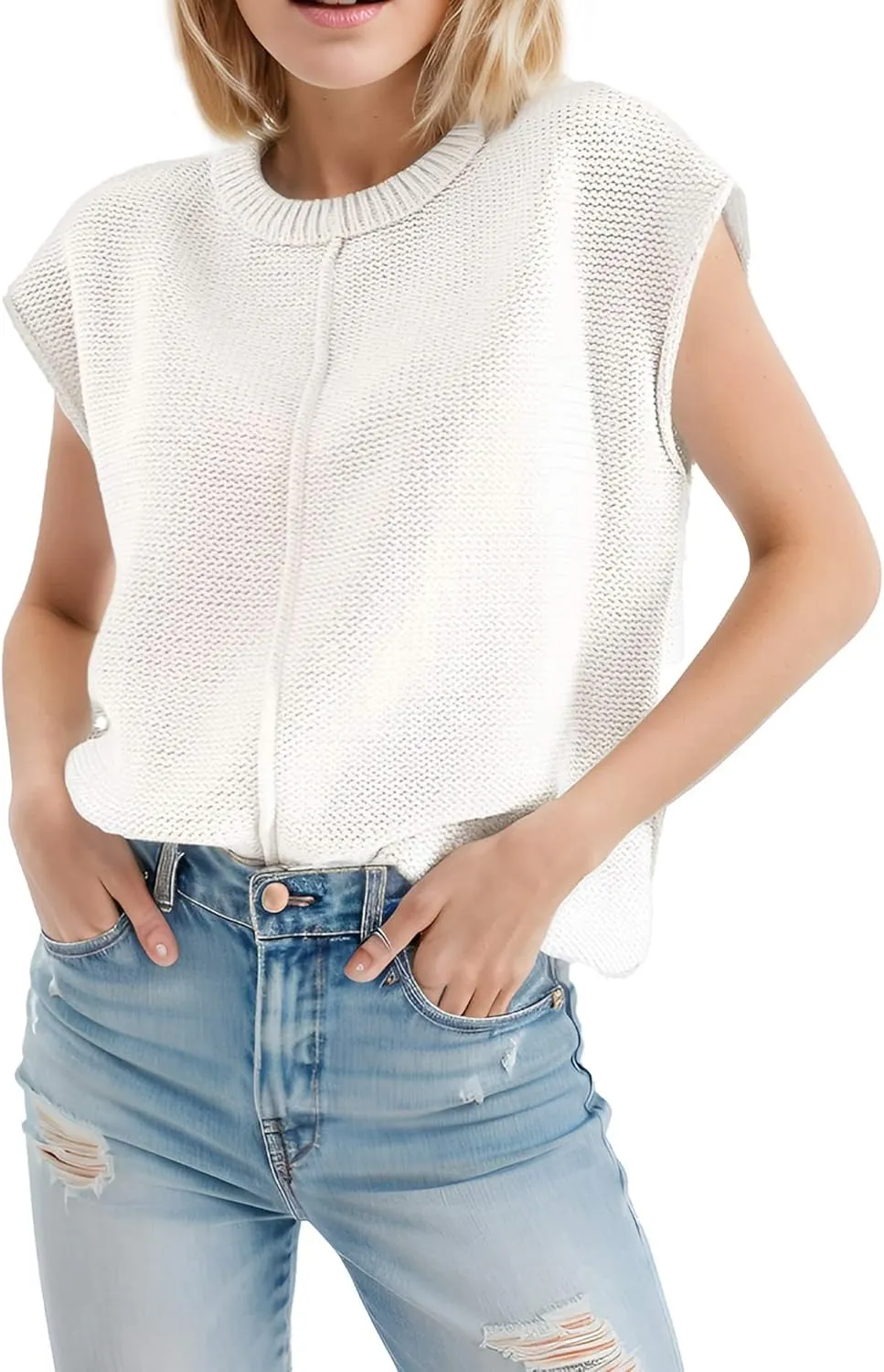 Womens Cap Sleeve Sweater Casual Sweater Vest Sleeveless Pullover Sweater Loose Fit Sweater Tops Lightweight