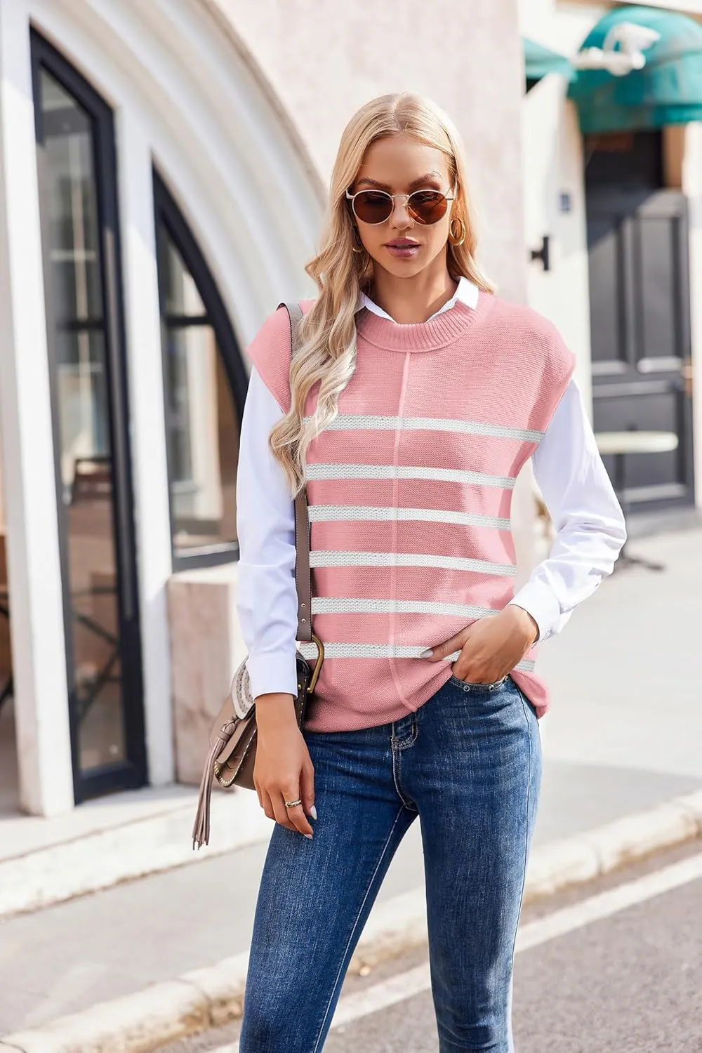 Womens Cap Sleeve Sweater Casual Sweater Vest Sleeveless Pullover Sweater Loose Fit Sweater Tops Lightweight
