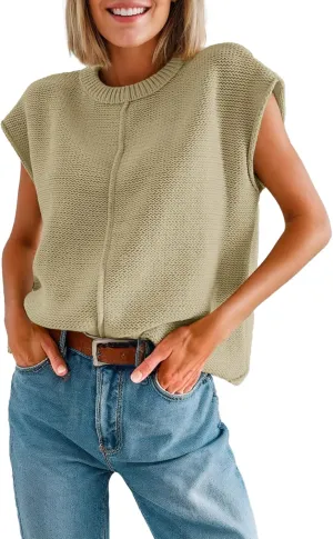 Womens Cap Sleeve Sweater Casual Sweater Vest Sleeveless Pullover Sweater Loose Fit Sweater Tops Lightweight