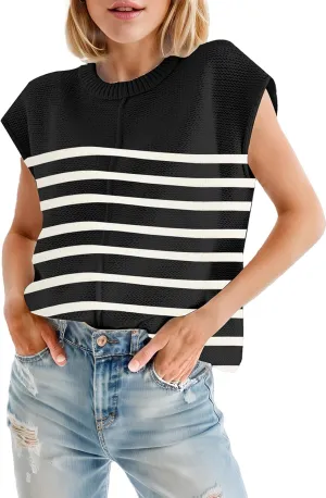 Womens Cap Sleeve Sweater Casual Sweater Vest Sleeveless Pullover Sweater Loose Fit Sweater Tops Lightweight