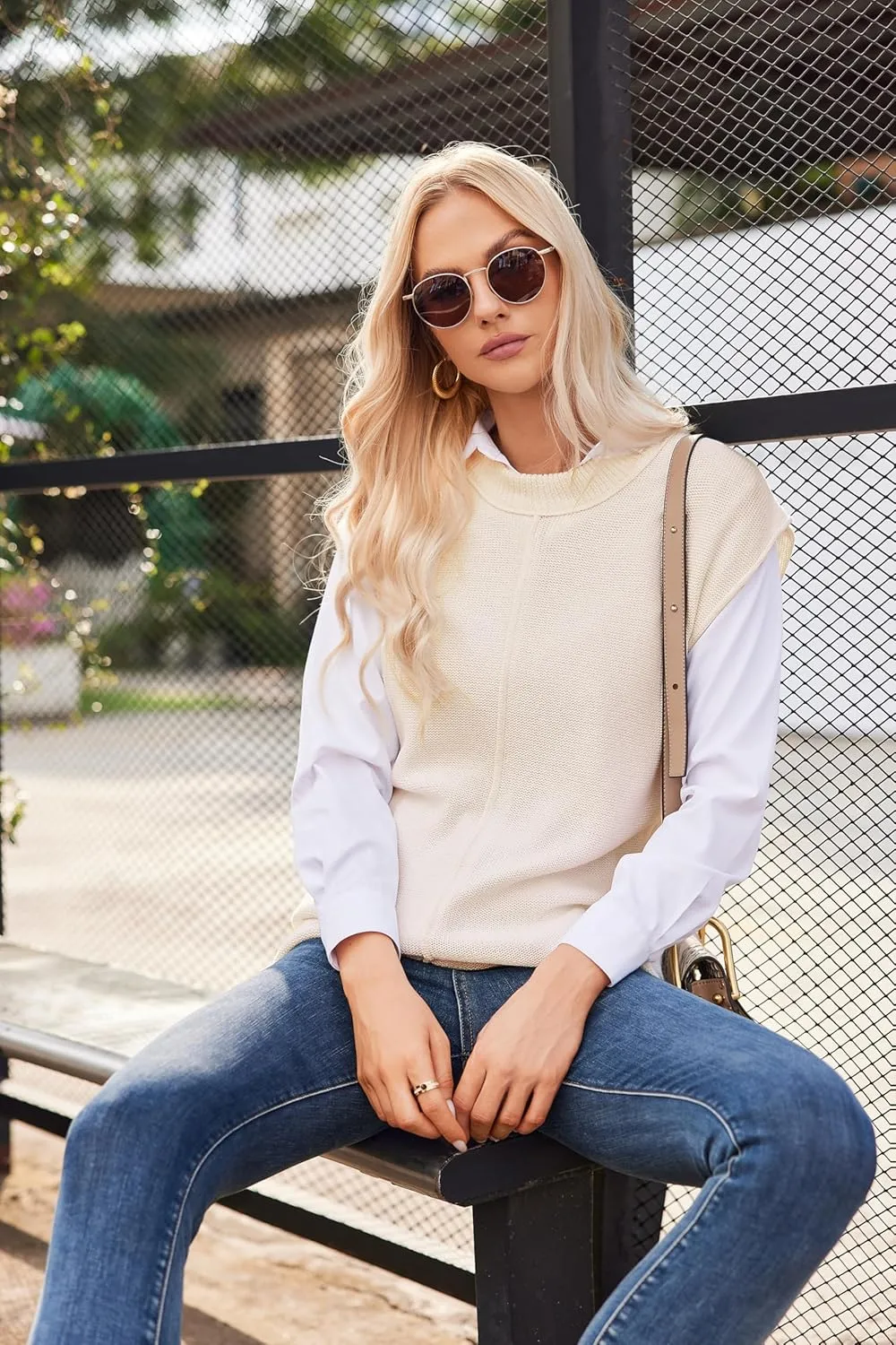 Womens Cap Sleeve Sweater Casual Sweater Vest Sleeveless Pullover Sweater Loose Fit Sweater Tops Lightweight