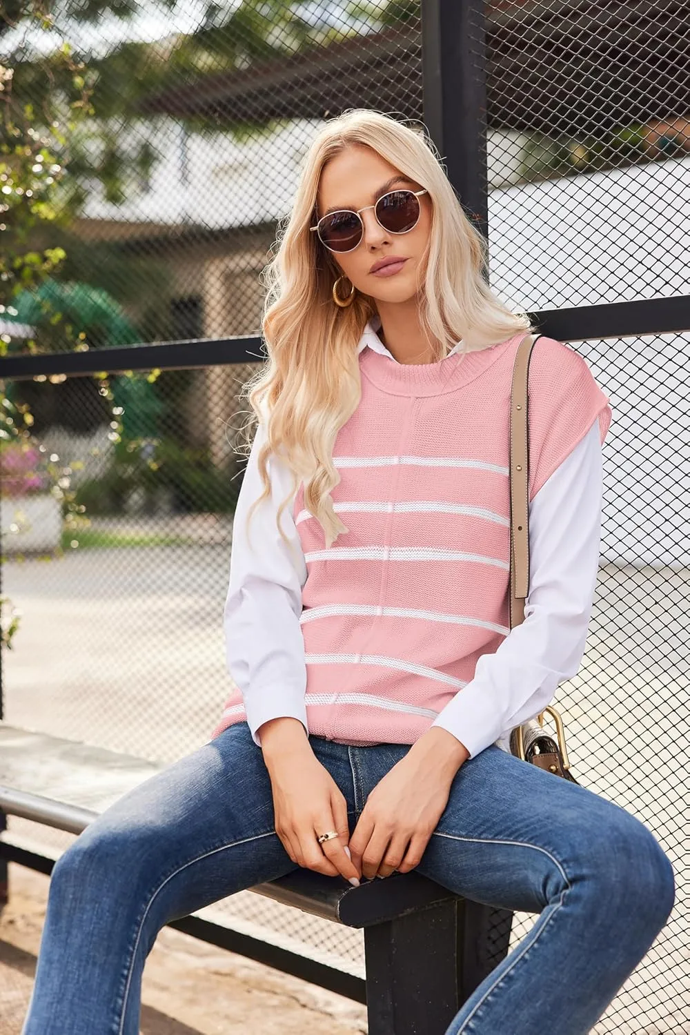 Womens Cap Sleeve Sweater Casual Sweater Vest Sleeveless Pullover Sweater Loose Fit Sweater Tops Lightweight