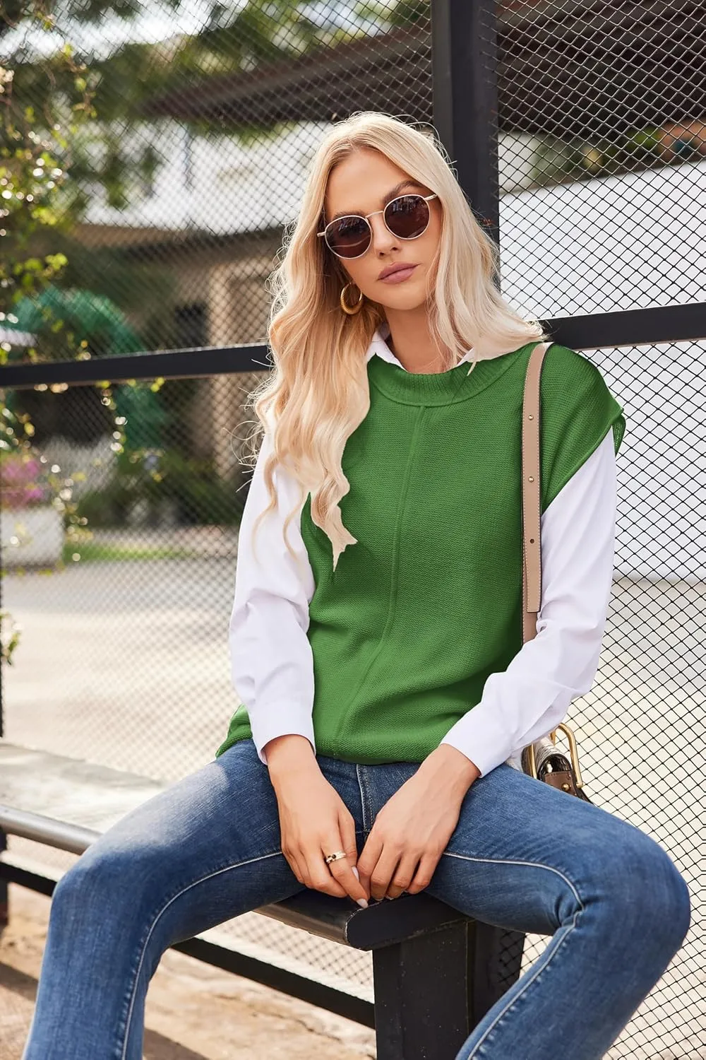 Womens Cap Sleeve Sweater Casual Sweater Vest Sleeveless Pullover Sweater Loose Fit Sweater Tops Lightweight