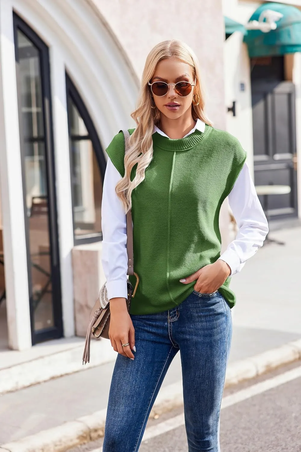 Womens Cap Sleeve Sweater Casual Sweater Vest Sleeveless Pullover Sweater Loose Fit Sweater Tops Lightweight