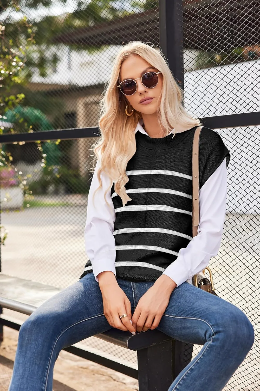 Womens Cap Sleeve Sweater Casual Sweater Vest Sleeveless Pullover Sweater Loose Fit Sweater Tops Lightweight