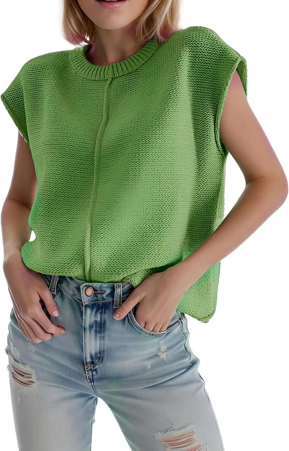 Womens Cap Sleeve Sweater Casual Sweater Vest Sleeveless Pullover Sweater Loose Fit Sweater Tops Lightweight