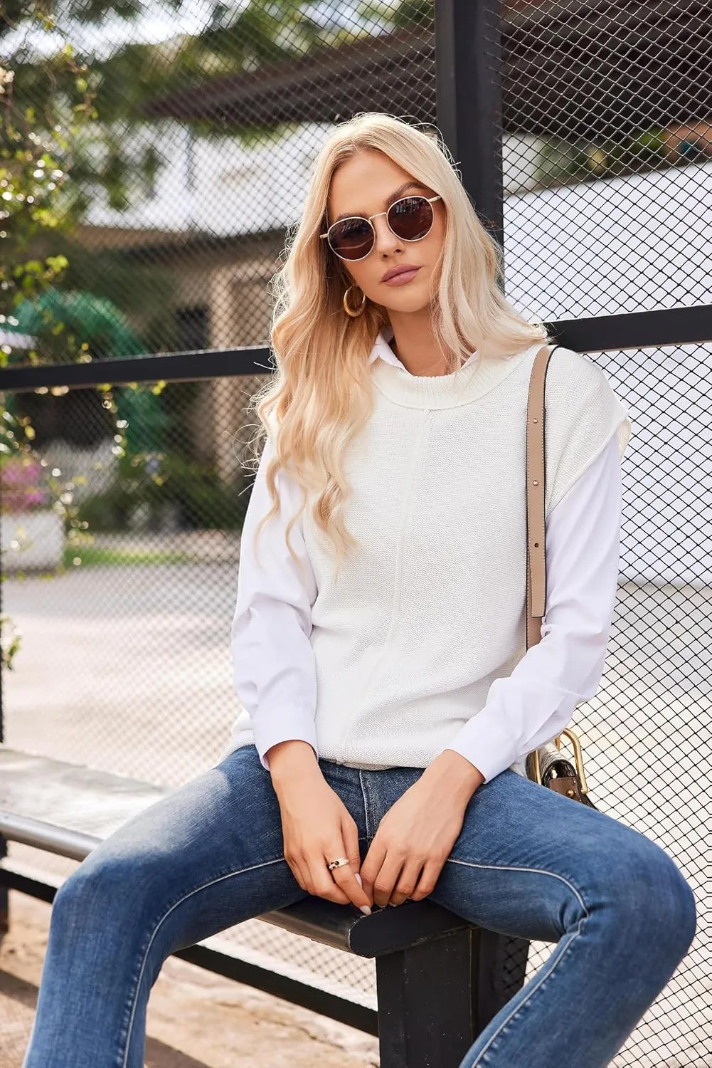 Womens Cap Sleeve Sweater Casual Sweater Vest Sleeveless Pullover Sweater Loose Fit Sweater Tops Lightweight