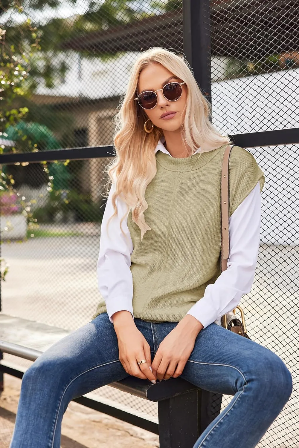 Womens Cap Sleeve Sweater Casual Sweater Vest Sleeveless Pullover Sweater Loose Fit Sweater Tops Lightweight