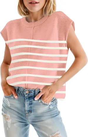 Womens Cap Sleeve Sweater Casual Sweater Vest Sleeveless Pullover Sweater Loose Fit Sweater Tops Lightweight
