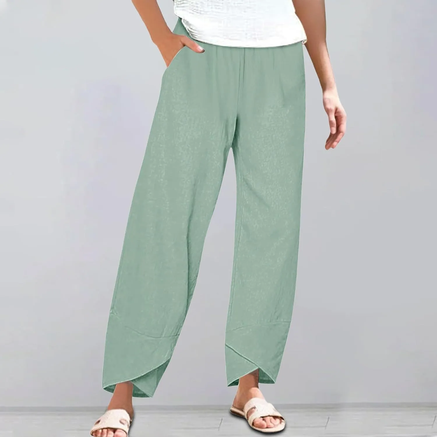 Women's Capri Pants Casual Cotton Linen Cropped Lounge Pants Trousers Pockets Elastic Waist Capris Pant for Women