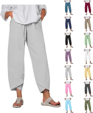 Women's Capri Pants Casual Cotton Linen Cropped Lounge Pants Trousers Pockets Elastic Waist Capris Pant for Women
