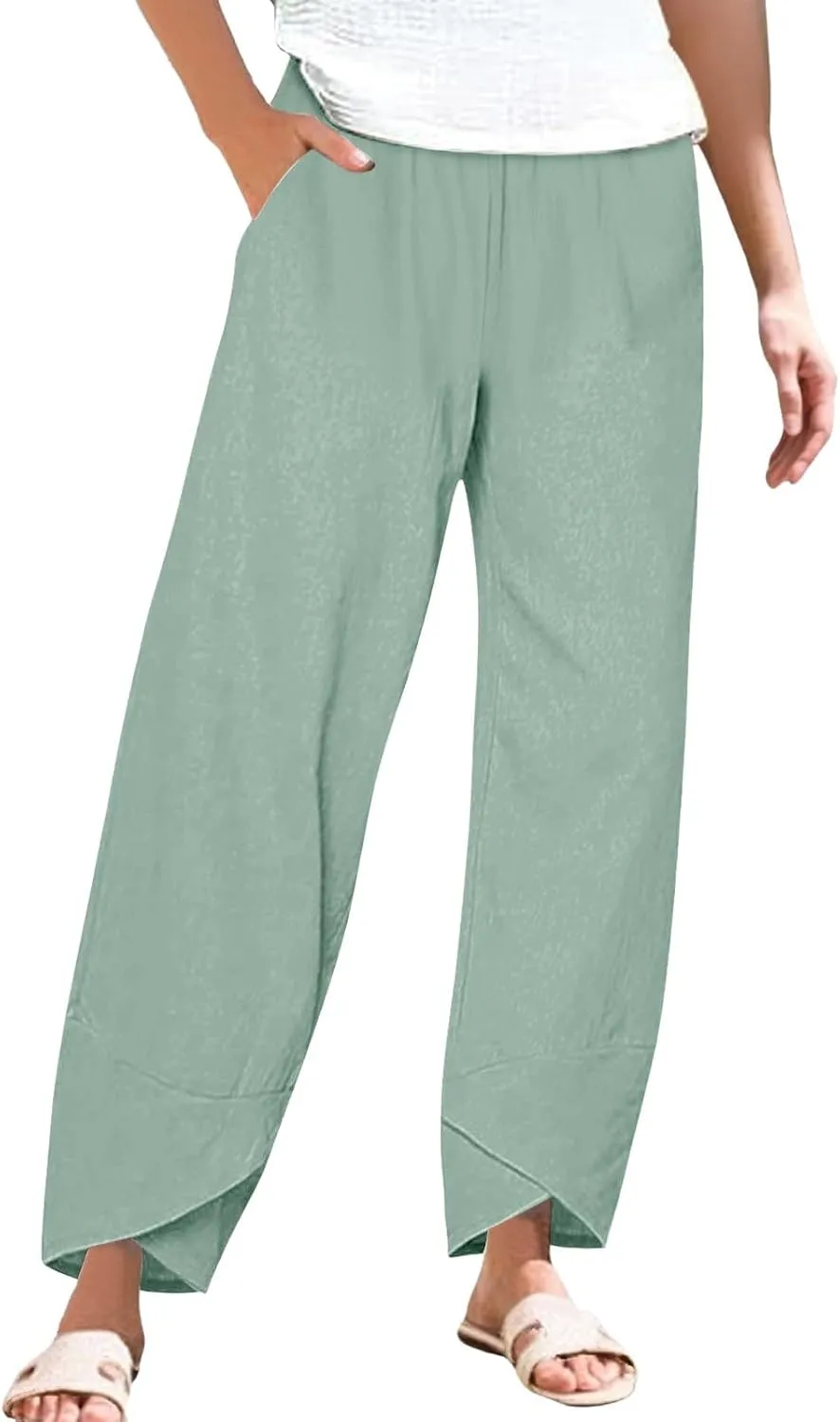 Women's Capri Pants Casual Cotton Linen Cropped Lounge Pants Trousers Pockets Elastic Waist Capris Pant for Women