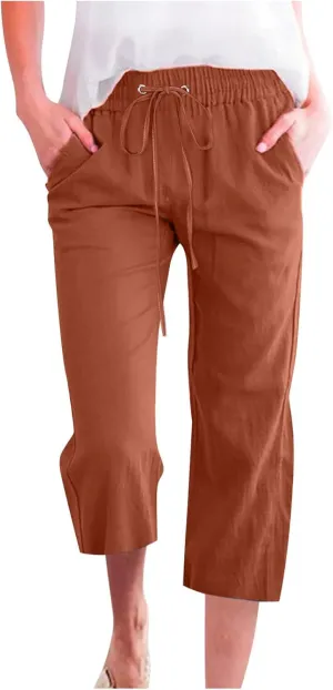 Womens Capri Pants Plus Size Summer Casual Pants High Waist Straight Wide Leg Pants Drawstring Linen Cropped Trouser