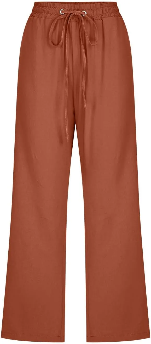 Womens Capri Pants Plus Size Summer Casual Pants High Waist Straight Wide Leg Pants Drawstring Linen Cropped Trouser