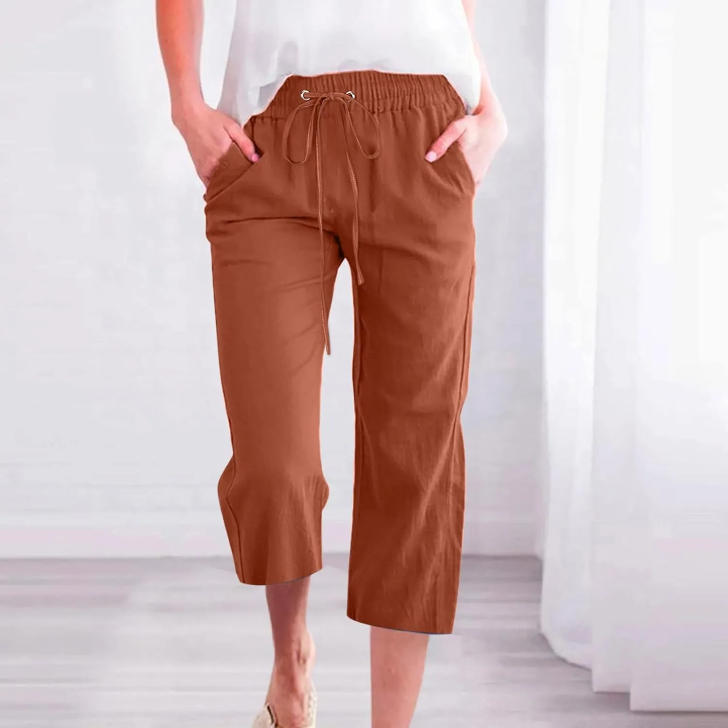 Womens Capri Pants Plus Size Summer Casual Pants High Waist Straight Wide Leg Pants Drawstring Linen Cropped Trouser