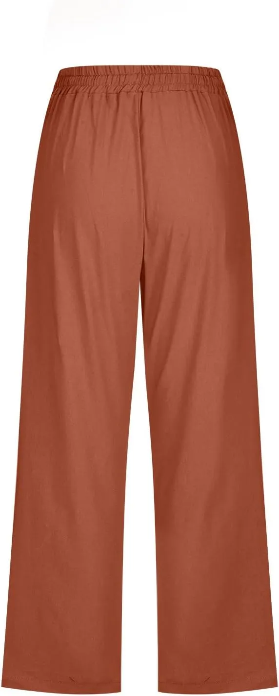 Womens Capri Pants Plus Size Summer Casual Pants High Waist Straight Wide Leg Pants Drawstring Linen Cropped Trouser
