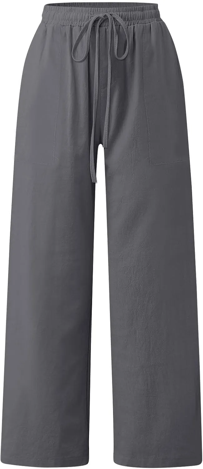 Womens Capri Pants Wide Leg Summer Cotton Linen Cargo, Cargo Pants Women Trousers with Pockets Baggy Low Rise