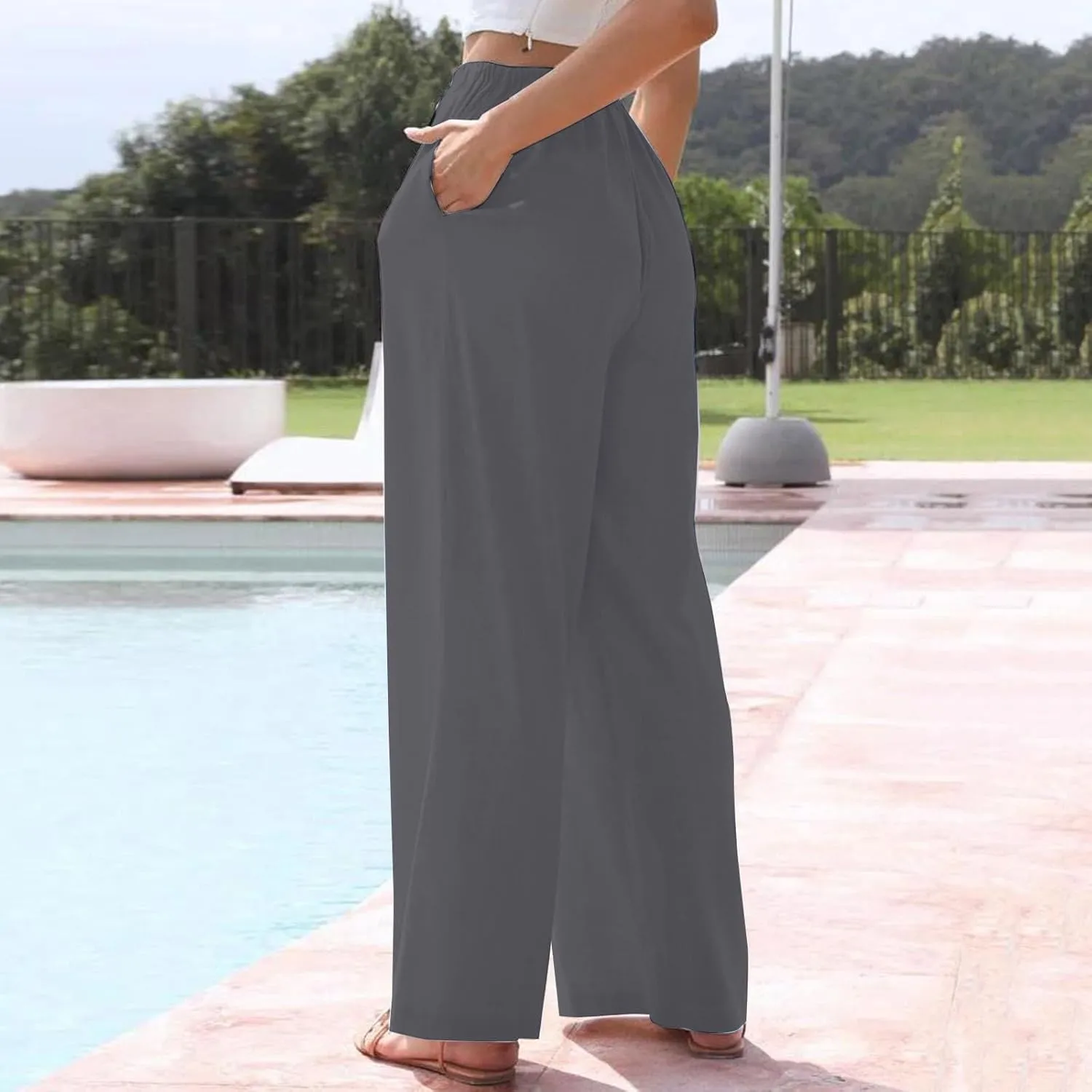 Womens Capri Pants Wide Leg Summer Cotton Linen Cargo, Cargo Pants Women Trousers with Pockets Baggy Low Rise