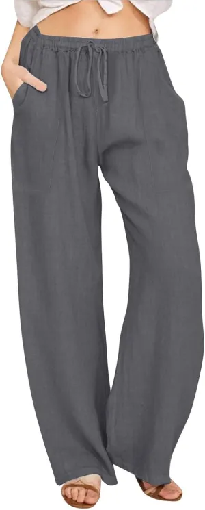 Womens Capri Pants Wide Leg Summer Cotton Linen Cargo, Cargo Pants Women Trousers with Pockets Baggy Low Rise