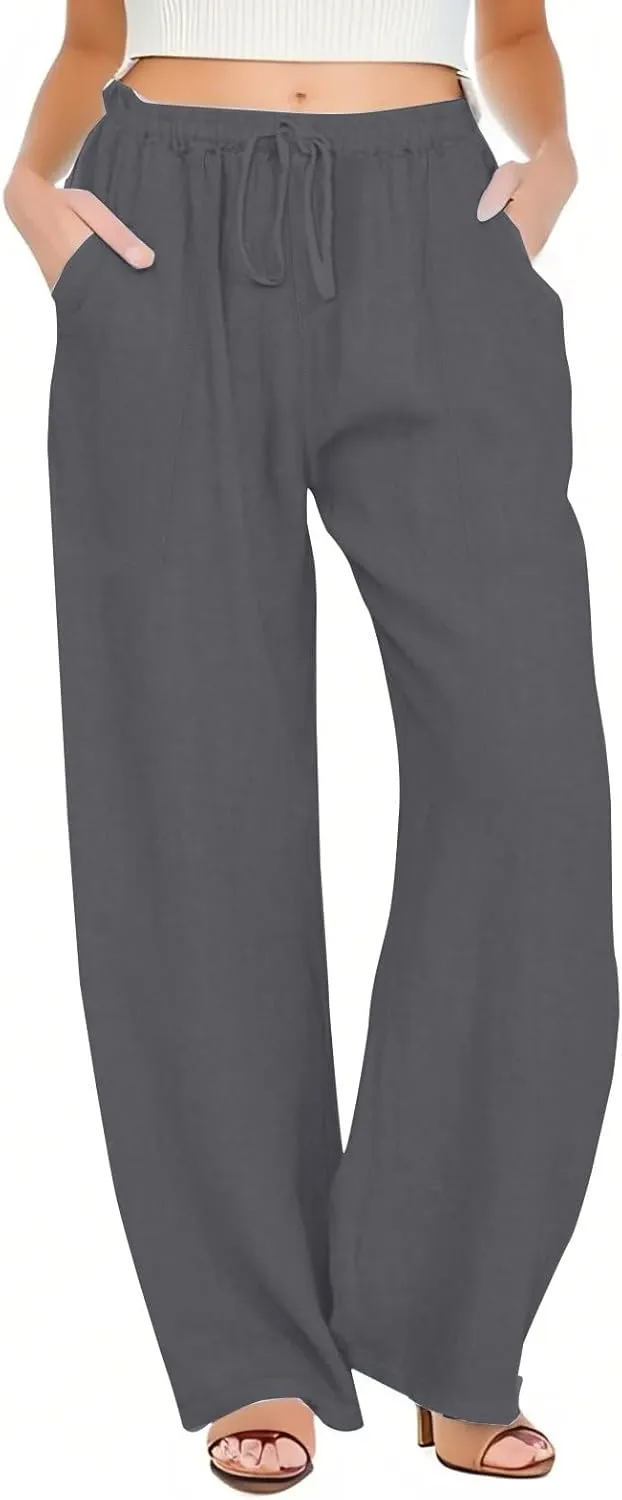 Womens Capri Pants Wide Leg Summer Cotton Linen Cargo, Cargo Pants Women Trousers with Pockets Baggy Low Rise