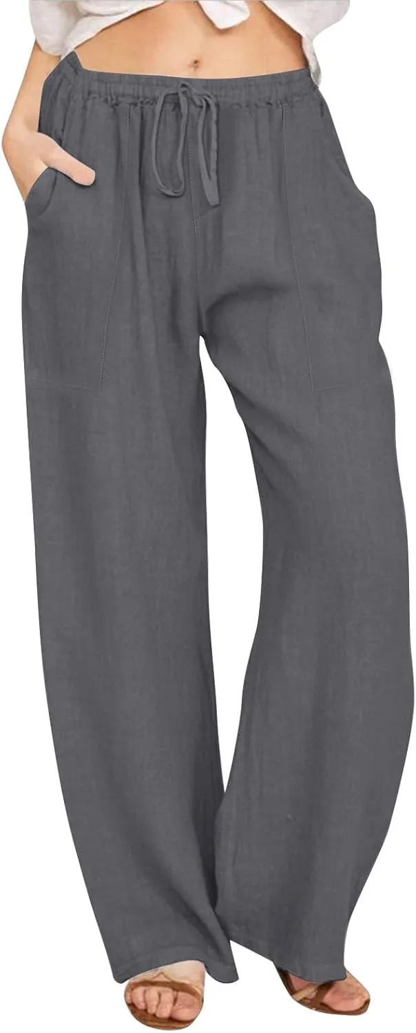 Womens Capri Pants Wide Leg Summer Cotton Linen Cargo, Cargo Pants Women Trousers with Pockets Baggy Low Rise