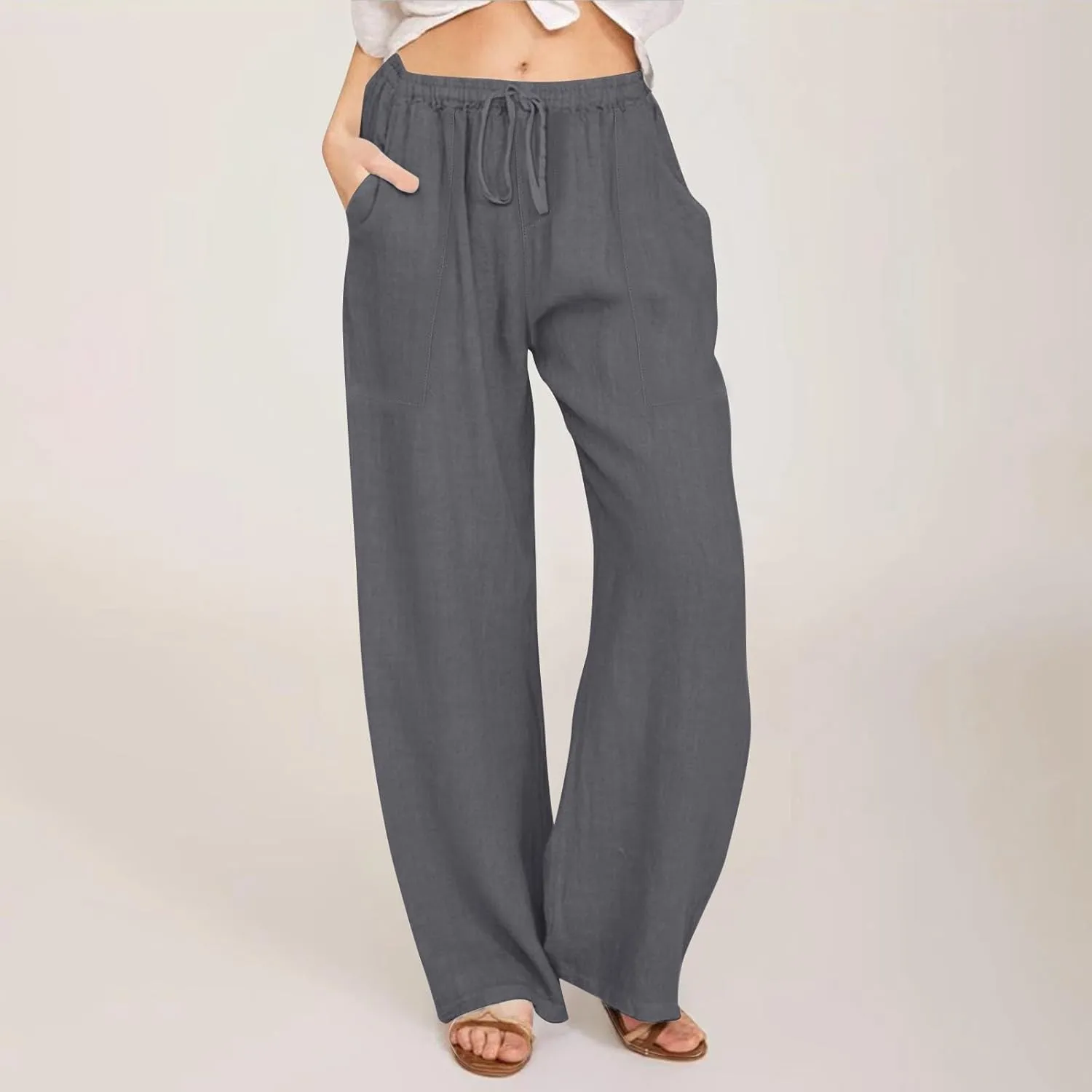 Womens Capri Pants Wide Leg Summer Cotton Linen Cargo, Cargo Pants Women Trousers with Pockets Baggy Low Rise