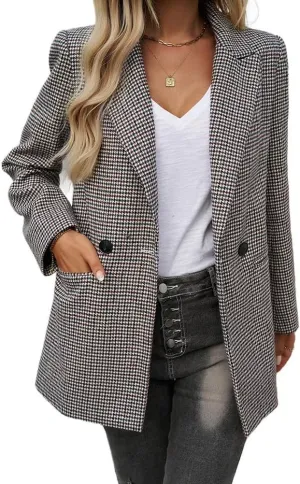 Womens Casual Blazer Open Front Long Sleeve Lapel Houndstooth Jacket Blazers Bussiness Work Office Suits