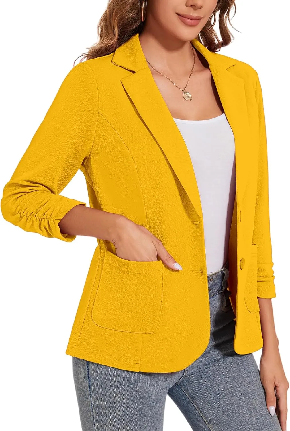 Women's Casual Button Open Front Blazer 3/4 Sleeve Lapel Collar Office Work Lightweight Jackets Pocket